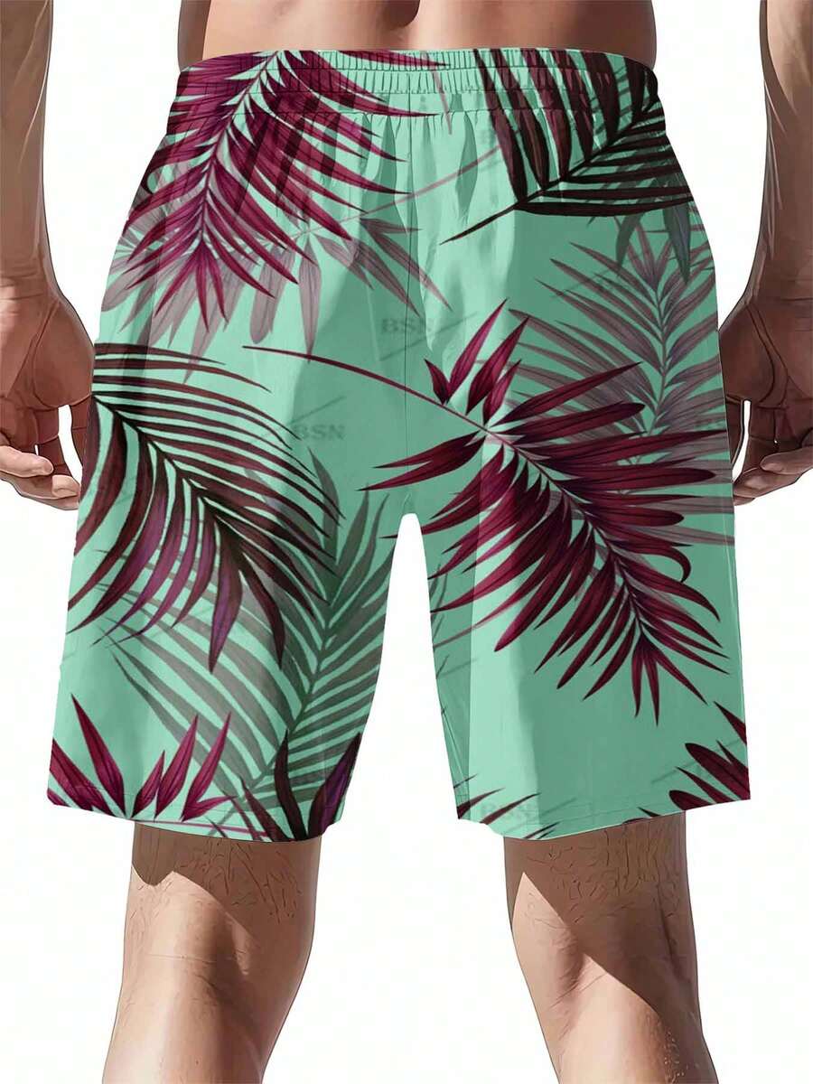 Swim Trunk Quick Dry - Mint Green And Burgundy Palm Leaf