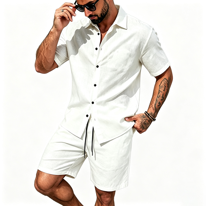 Men Linen Two Piece Outfit Sho - Short Linen Drawstring avis et prix