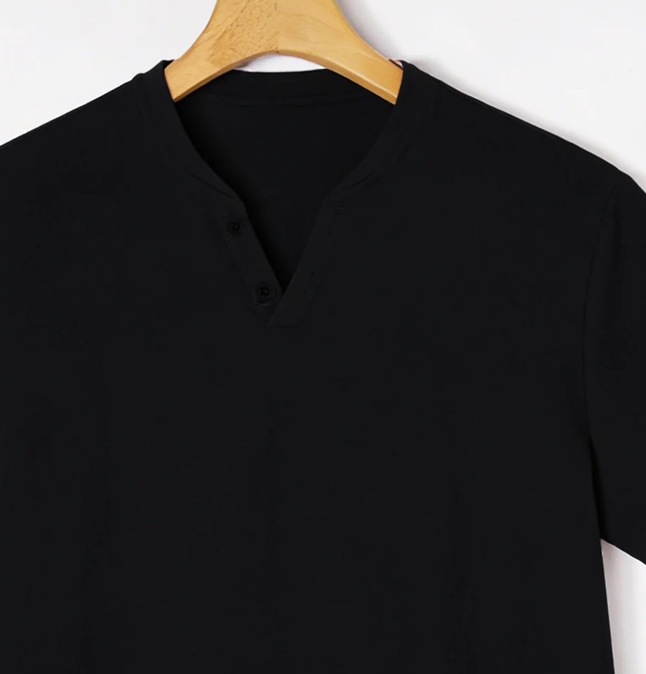 Elegant Black Henley Short-Sle - Linen Shirt Breathable avis et prix