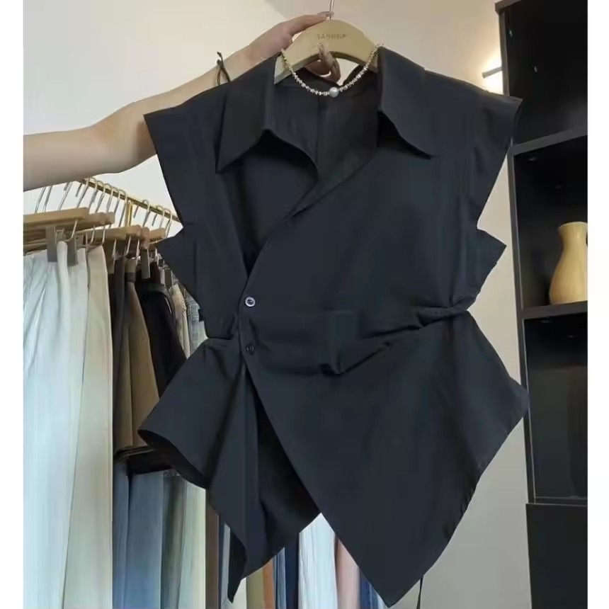 French Solid Color Pleated Irr - Shirt Camp Collar avis et prix