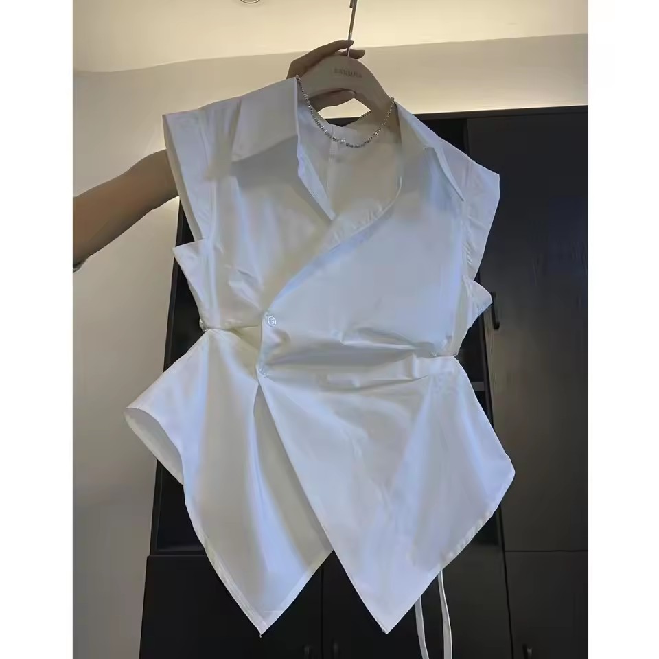 French Solid Color Pleated Irr - Shirt Camp Collar avis et prix