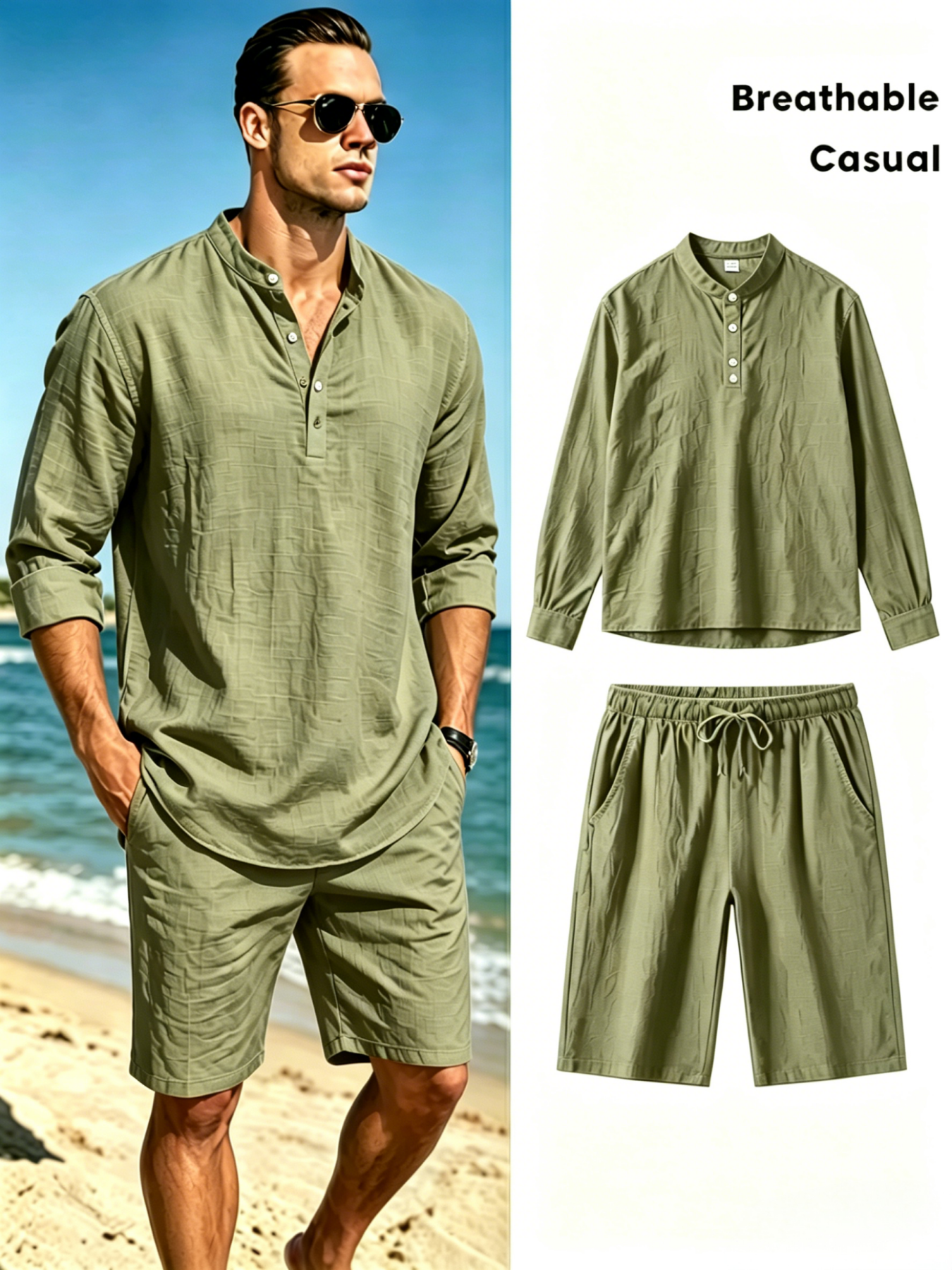 Men's Cotton Linen Henley Shir - Short Linen Drawstring avis et prix