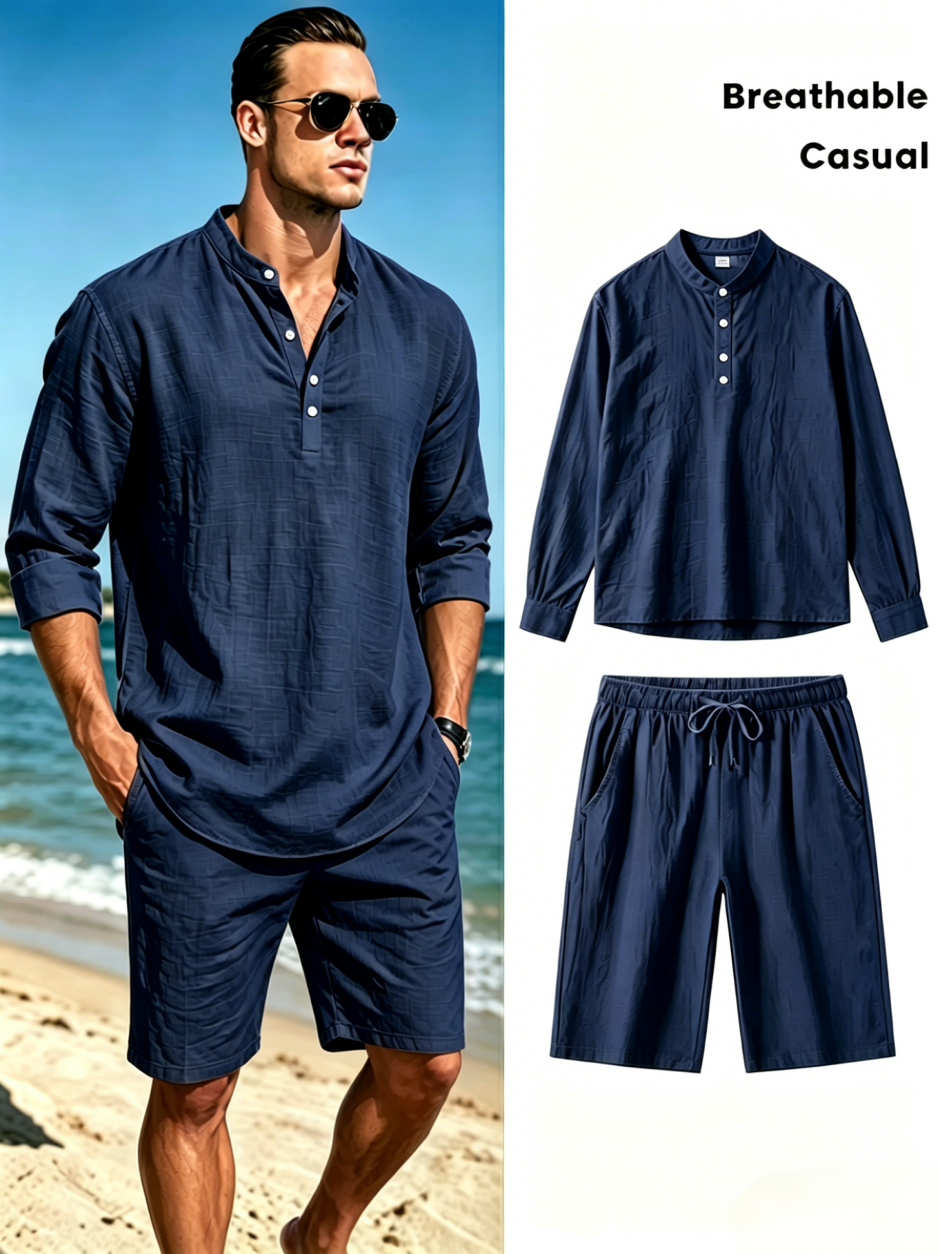 Men's Cotton Linen Henley Shir - Short Linen Drawstring avis et prix