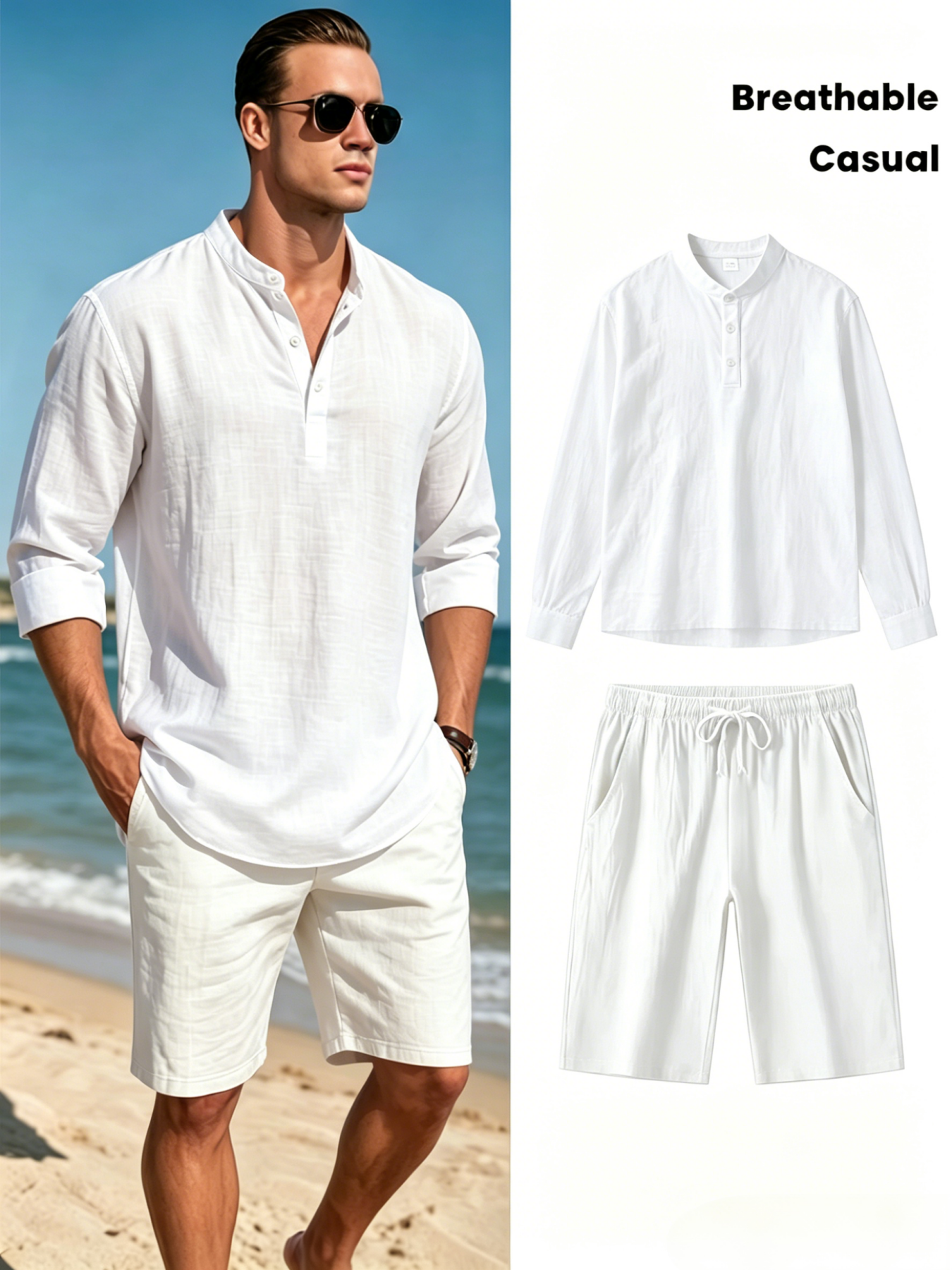 Men's Cotton Linen Henley Shir - Short Linen Drawstring avis et prix