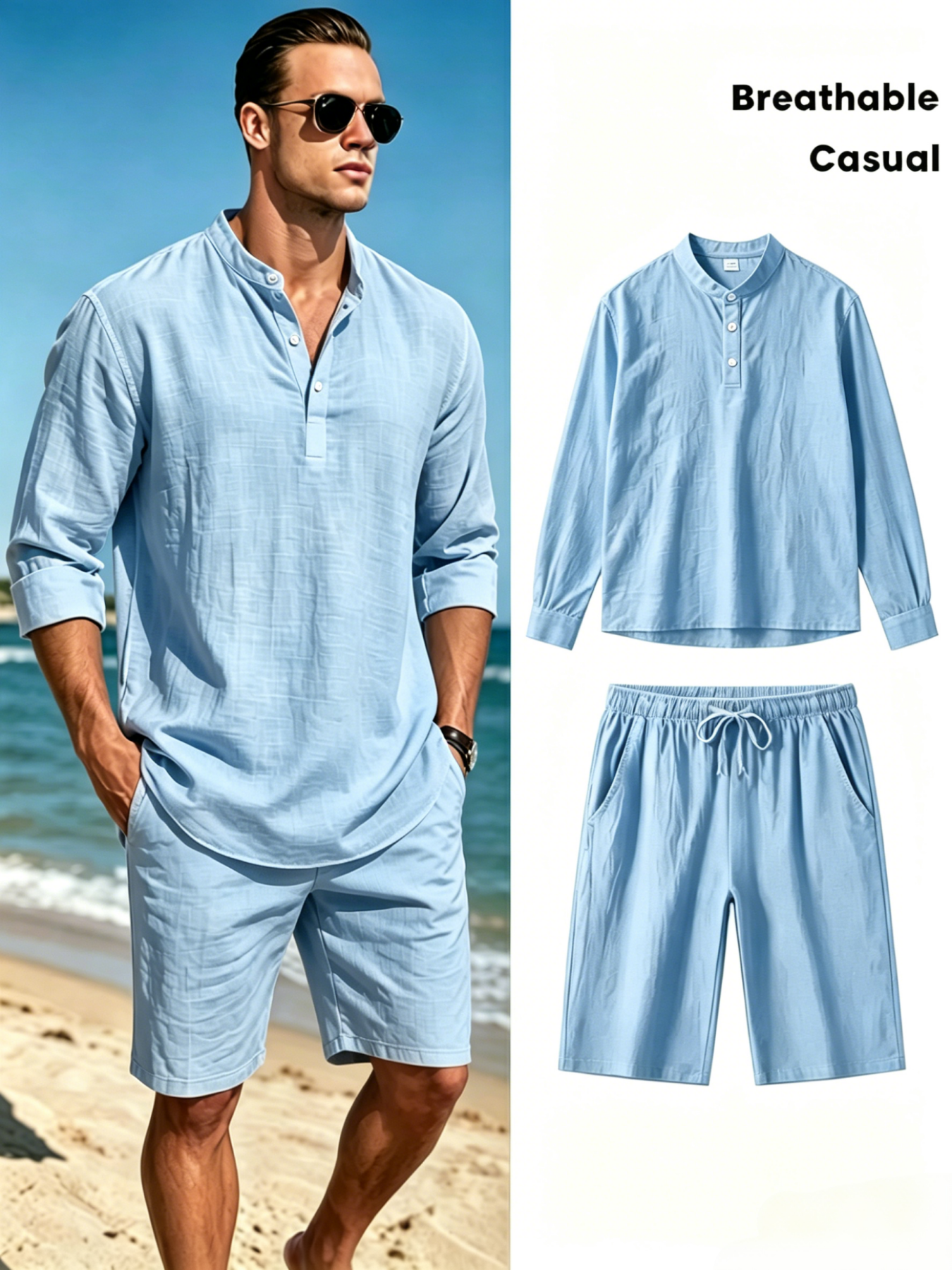 Men's Cotton Linen Henley Shir - Short Linen Drawstring avis et prix