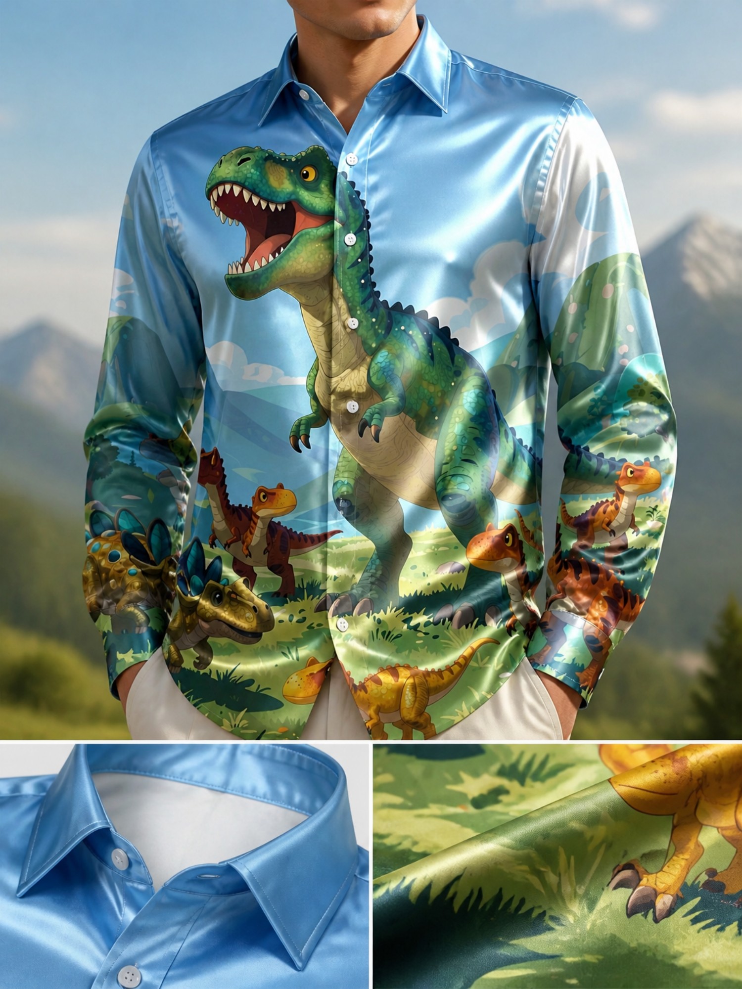 Mens Fashion Satin Long Sleeve - Resort Shirt Floral avis et prix