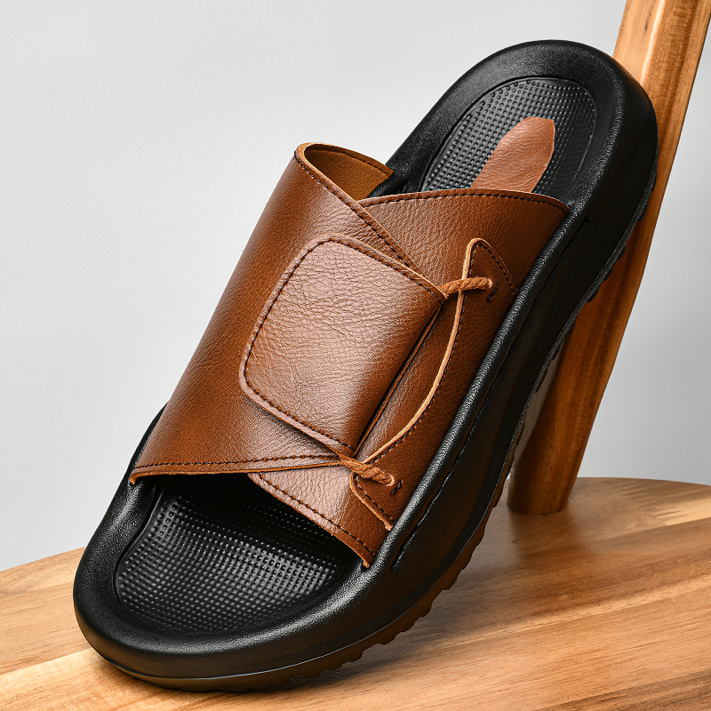 Leather Men's Slippers Slides  - Flip Flop Leather Men avis et prix