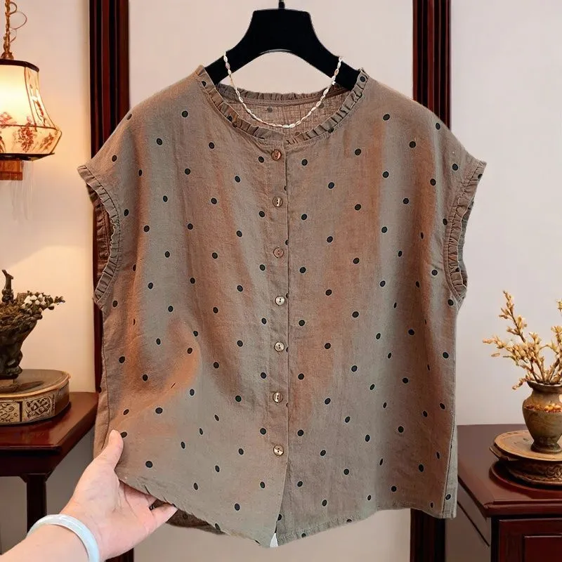 Women's Retro Polka Dot Linen  - Shirt Camp Collar avis et prix