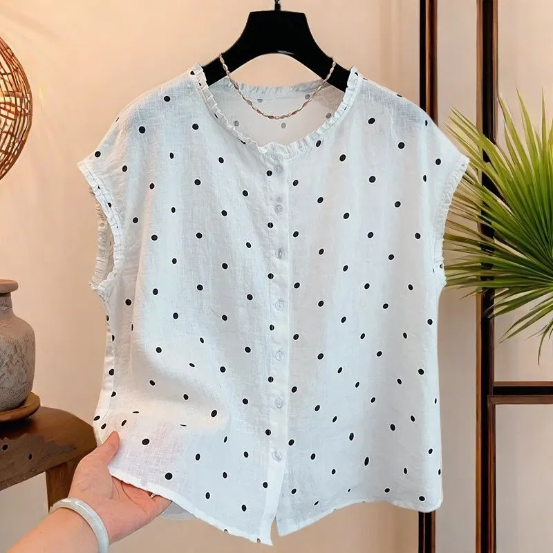 Women's Retro Polka Dot Linen  - Shirt Camp Collar avis et prix