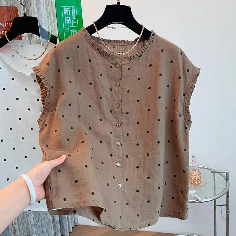 Women's Retro Polka Dot Linen  - Shirt Camp Collar avis et prix