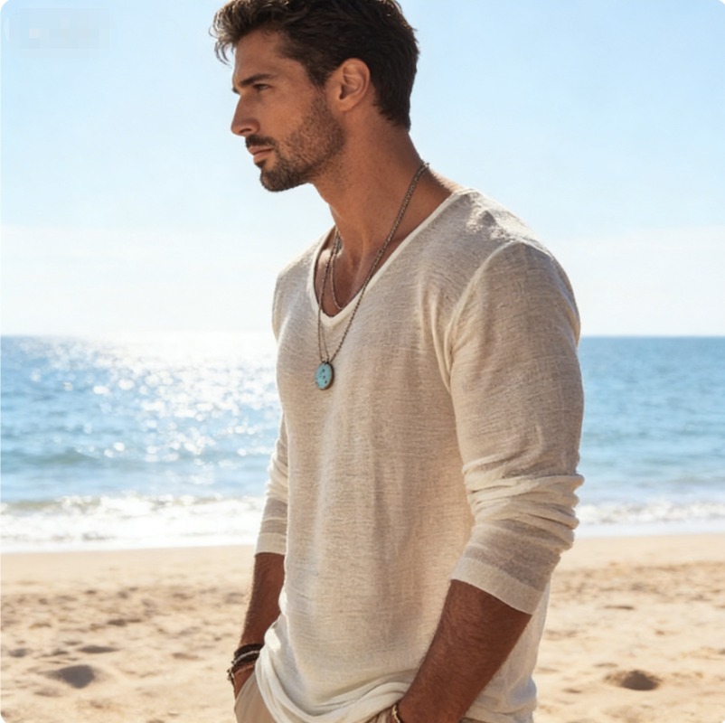 Men's Casual V-Neck Linen Blen - Linen Shirt Breathable avis et prix
