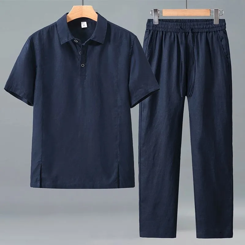 Men Plus Size Summer Linen Two - Short Linen Drawstring avis et prix