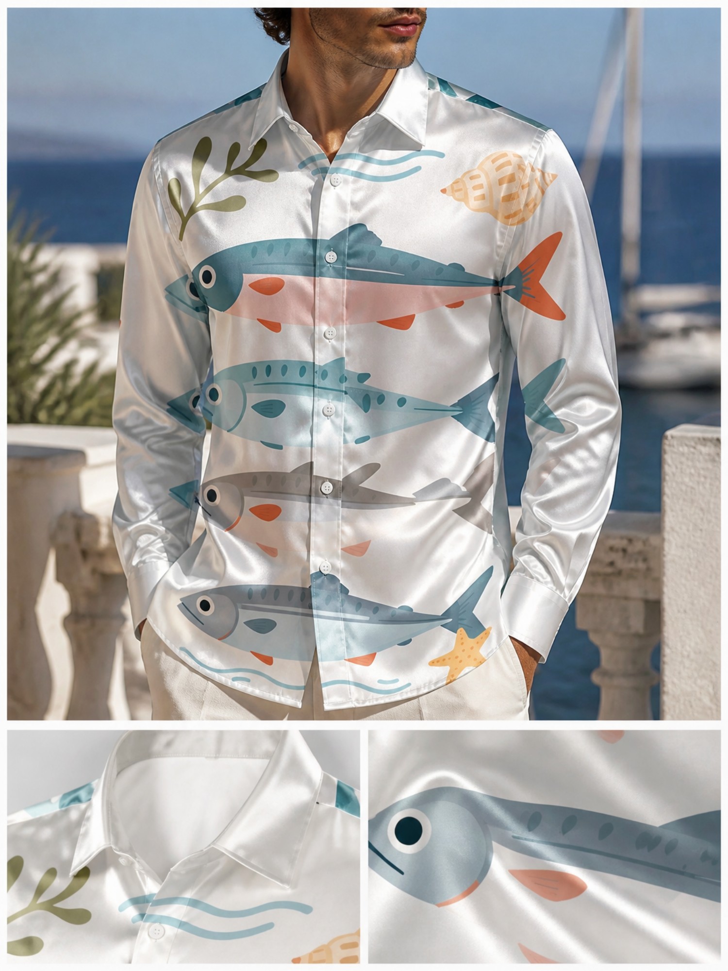 Mens Luxury Satin Long Sleeve  - Resort Shirt Floral avis et prix