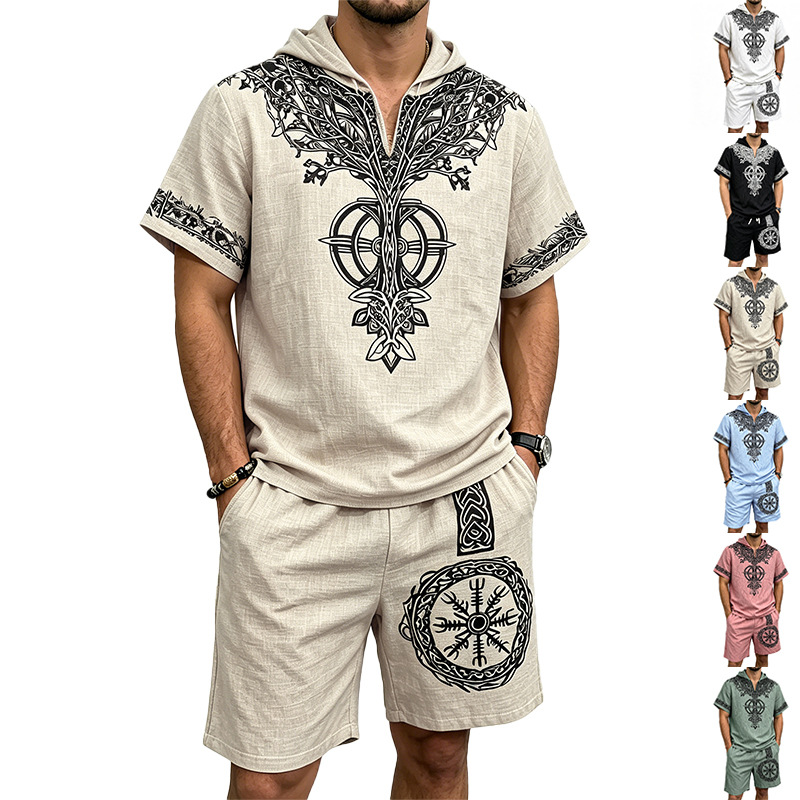 Men Linen Look Viking Tree Pri - Short Linen Drawstring avis et prix