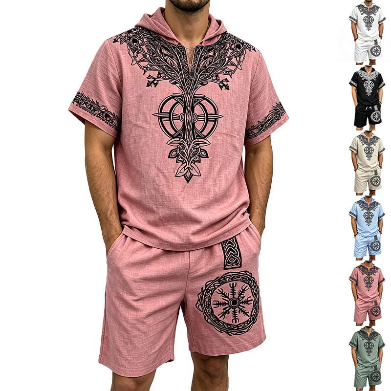 Men Linen Look Viking Tree Pri - Short Linen Drawstring avis et prix
